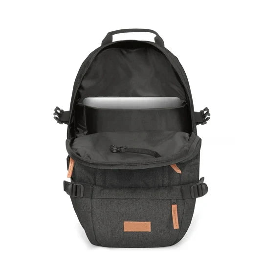 Eastpak Floid black denim backpack with open top, front pouch, and tan accent straps