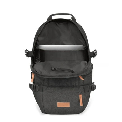 Eastpak Floid black denim backpack with open top, front pouch, and tan accent straps