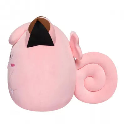 Pokemon plush toy, pink cat plush with brown top, curled tail, and side view