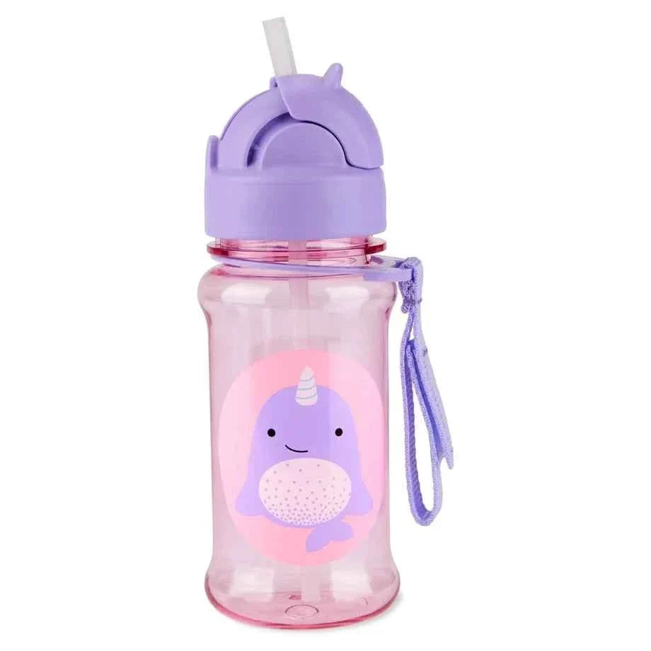Lavender kids straw water bottle with flip lid, pink body, hedgehog graphic