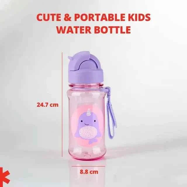 Purple kids straw water bottle with hedgehog illustration and hanging carry strap