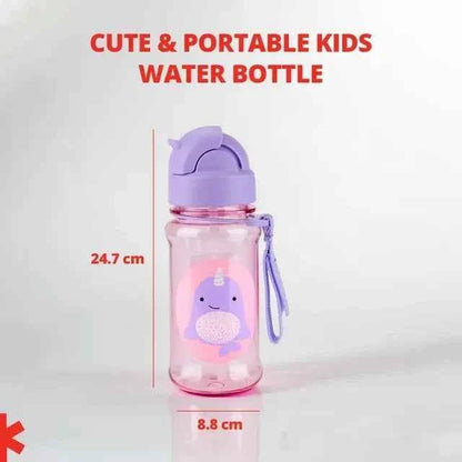 Purple kids straw water bottle with hedgehog illustration and hanging carry strap