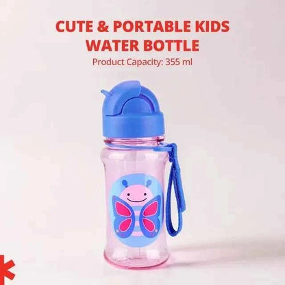 Kids tritan straw water bottle with butterfly graphic, blue flip lid and side strap