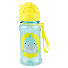 Kids shark-themed straw water bottle with yellow flip lid and light blue body