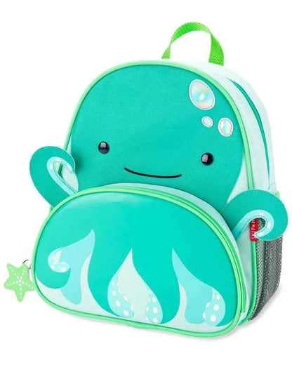 Kids' animal backpack, turquoise with octopus face, front zipper pocket and top loop handle.