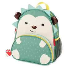Green hedgehog-themed zoo backpack with front zipper pocket, mesh side, cartoon face