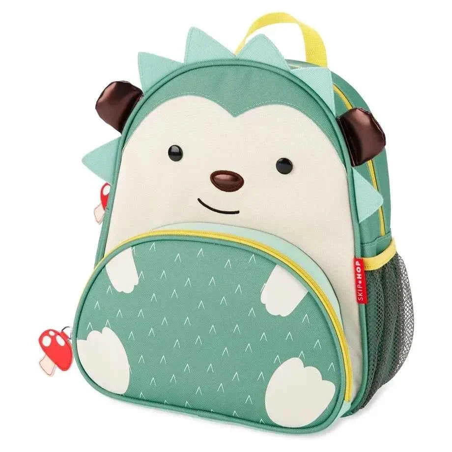 Kids hedgehog face backpack with green fabric, yellow zipper trim, side pocket
