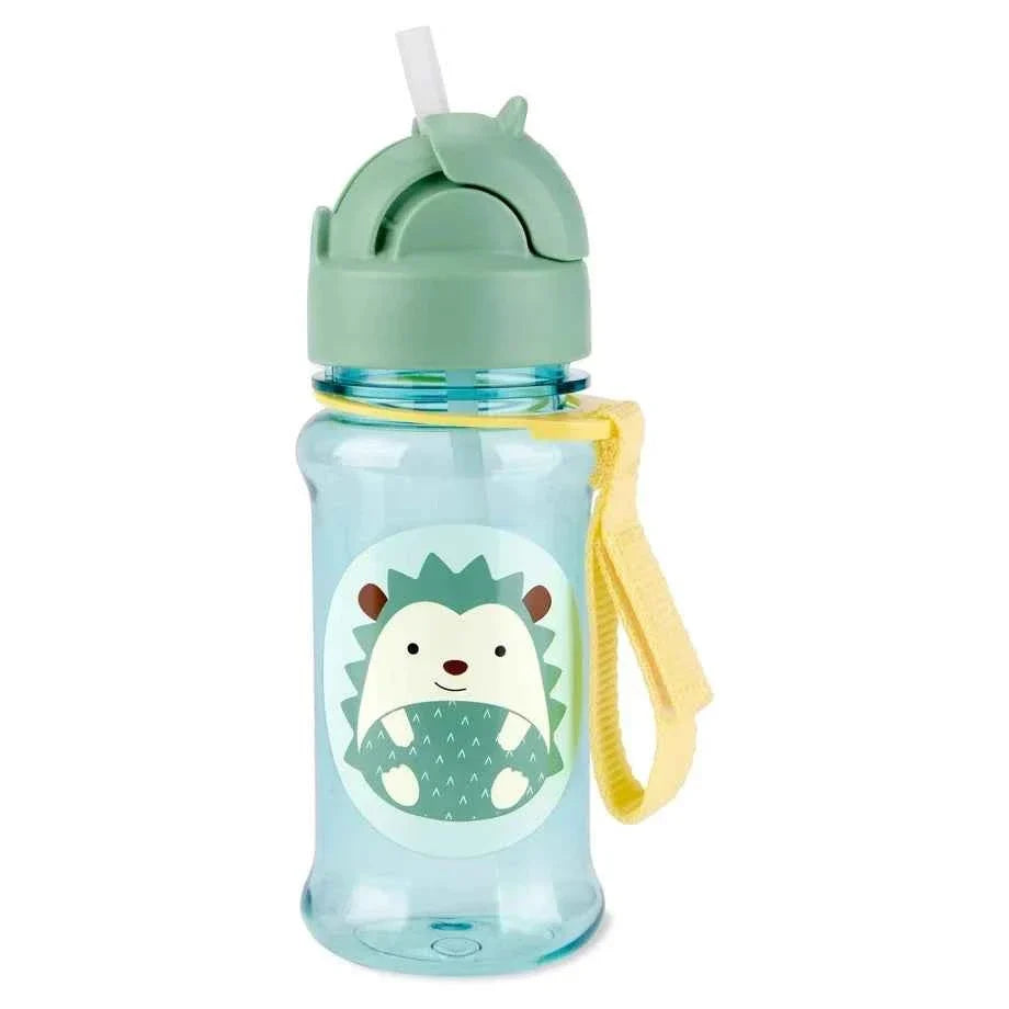 Kids hedgehog straw water bottle with mint lid, blue translucent body and yellow loop
