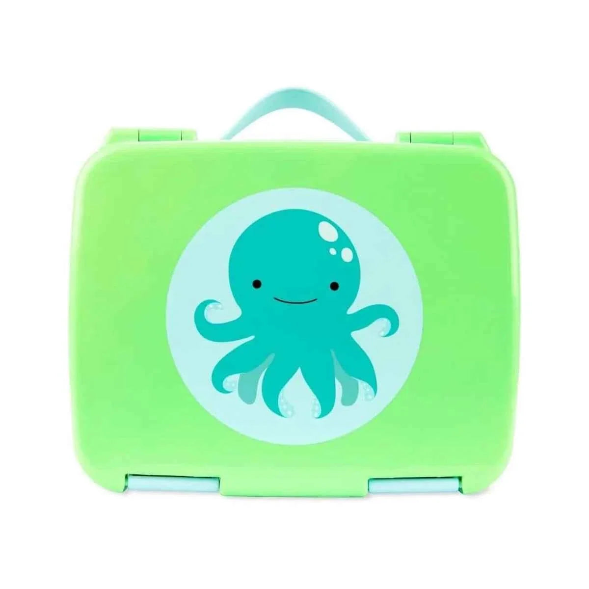 Green bento lunch box with octopus character on front, hinged lid and carry handle