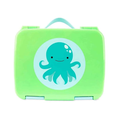 Green bento lunch box with octopus character on front, hinged lid and carry handle
