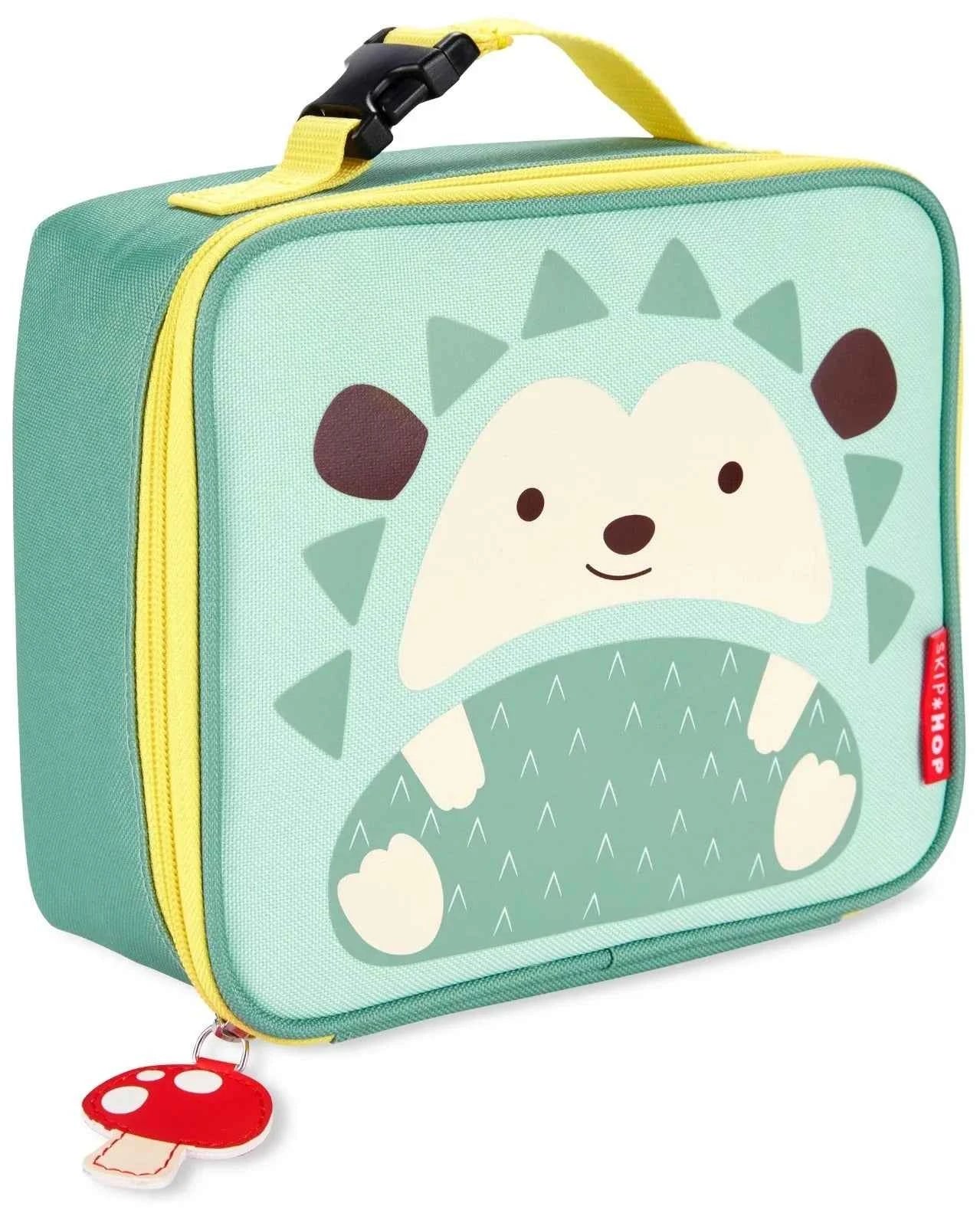 Kids hedgehog lunch bag with turquoise fabric, yellow zipper, front hedgehog graphic