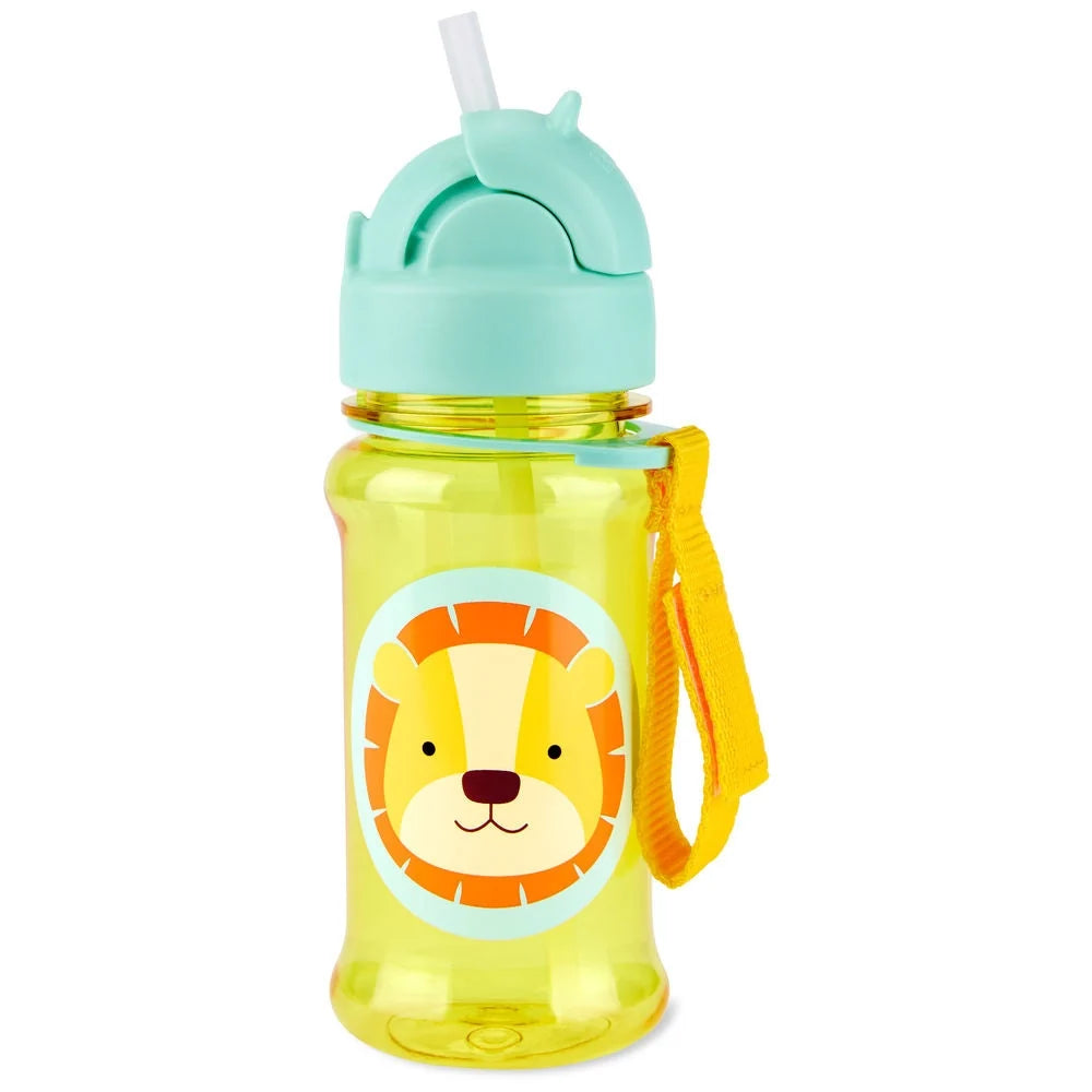 Lion-themed tritan straw bottle with mint lid, yellow body, and orange carry loop