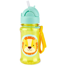 Lion-themed tritan straw bottle with mint lid, yellow body, and orange carry loop