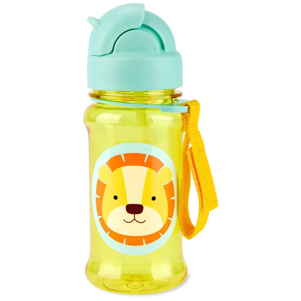 Lion tritan straw bottle with mint spout lid, translucent yellow body, lion graphic