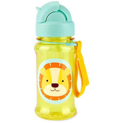Lion tritan straw bottle with mint spout lid, translucent yellow body, lion graphic