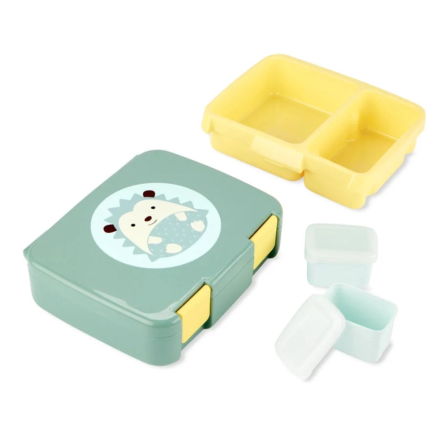 Teal hedgehog bento box with yellow lid and hinged divided tray