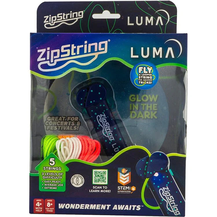 Zipstring Luma Glow-in-the-dark string launcher toy box with 5 strings and launcher