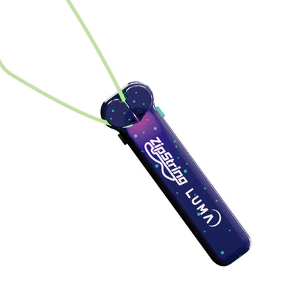 Glow-in-the-dark string launcher toy, blue Zipstring Luma with light green string attached
