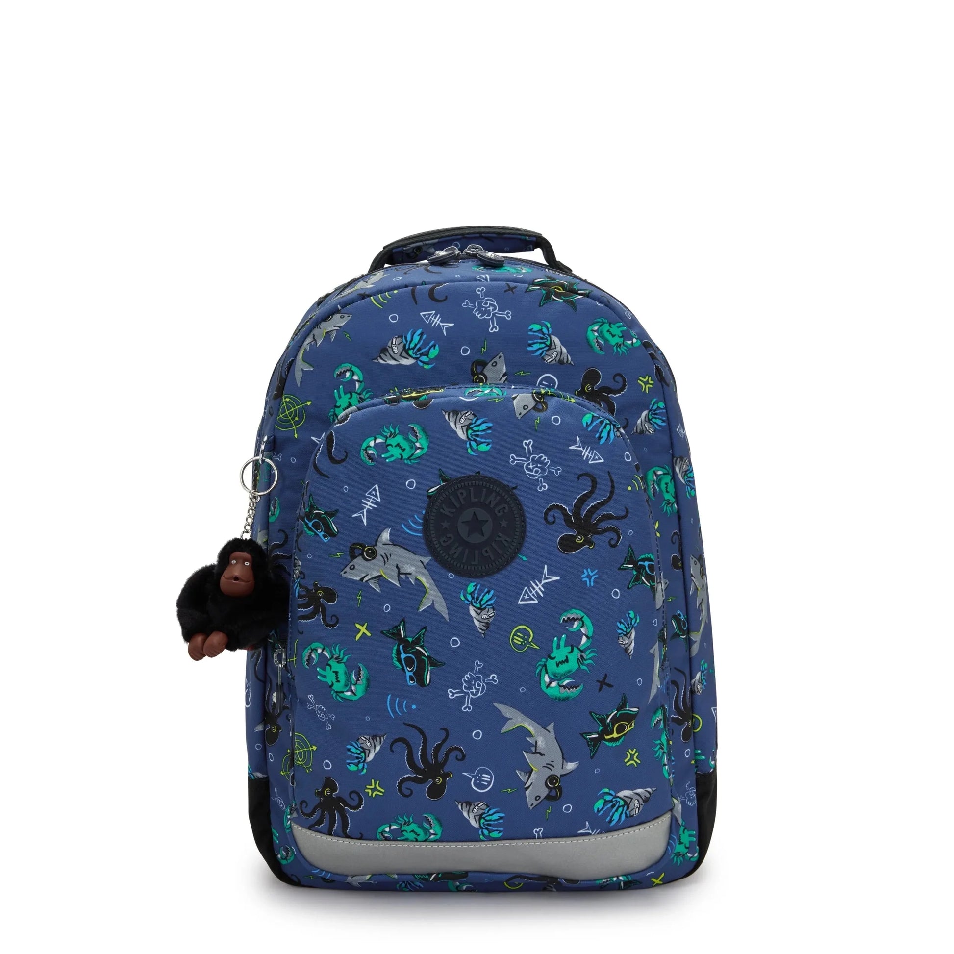 Kipling children's backpack, blue undersea animal print, front zip pocket