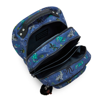 Kipling undersea backpack open, showing black interior and front zip compartments