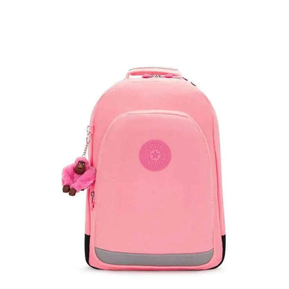 Pink children’s backpack with top handle, front zipper pocket, and small side charm