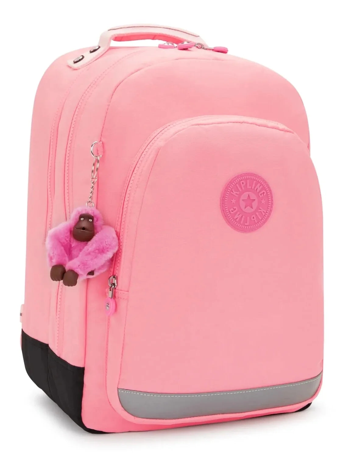 Kipling pink backpack with side zippers and plush hanging charm