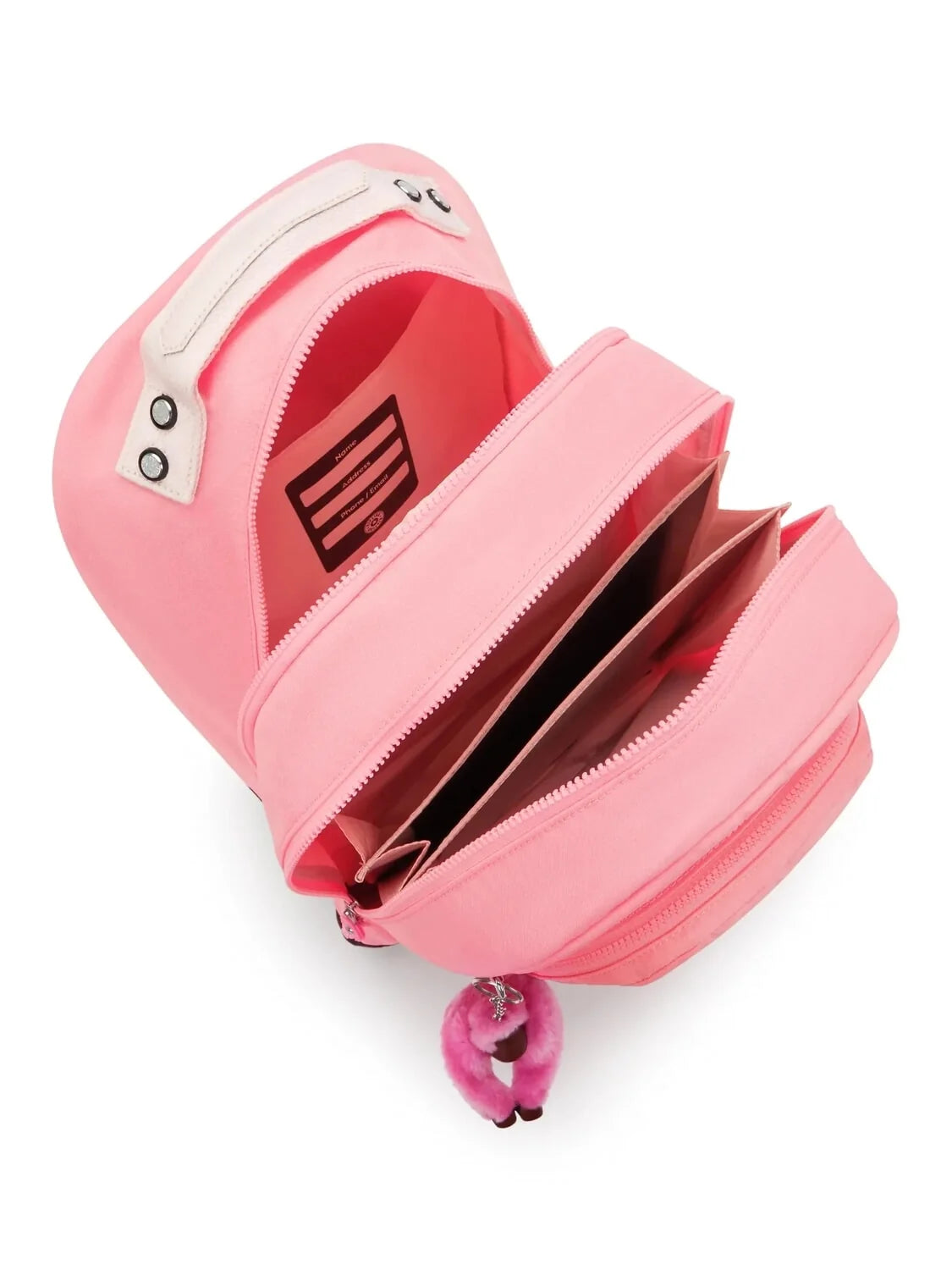 Kipling pink mini backpack open with zip compartments and plush charm