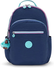 Kipling Seoul navy backpack with front zip pocket, teal logo badge and keychain charm
