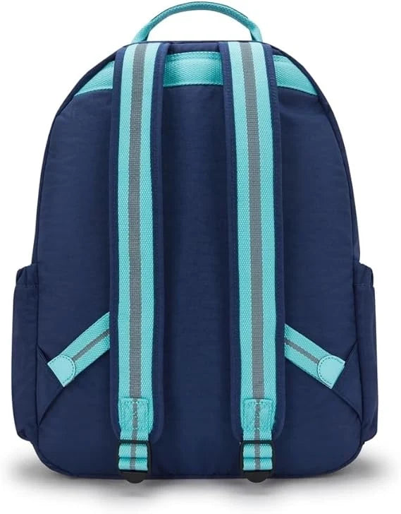 Kipling Seoul navy backpack back view with teal striped padded straps and side pockets