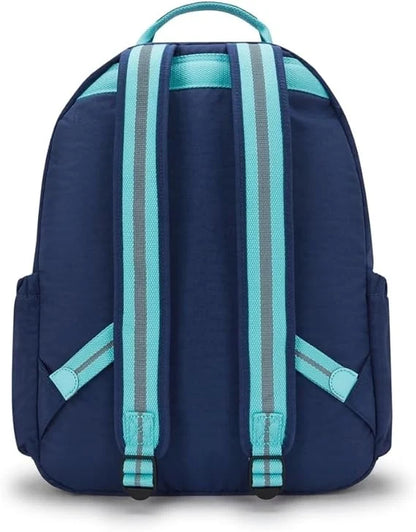 Kipling Seoul navy backpack back view with teal striped padded straps and side pockets