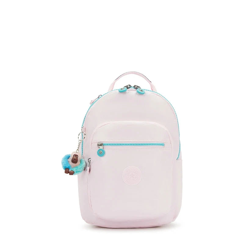 Kipling Seoul mini backpack in sea pink metallic with turquoise zipper and charm keyring