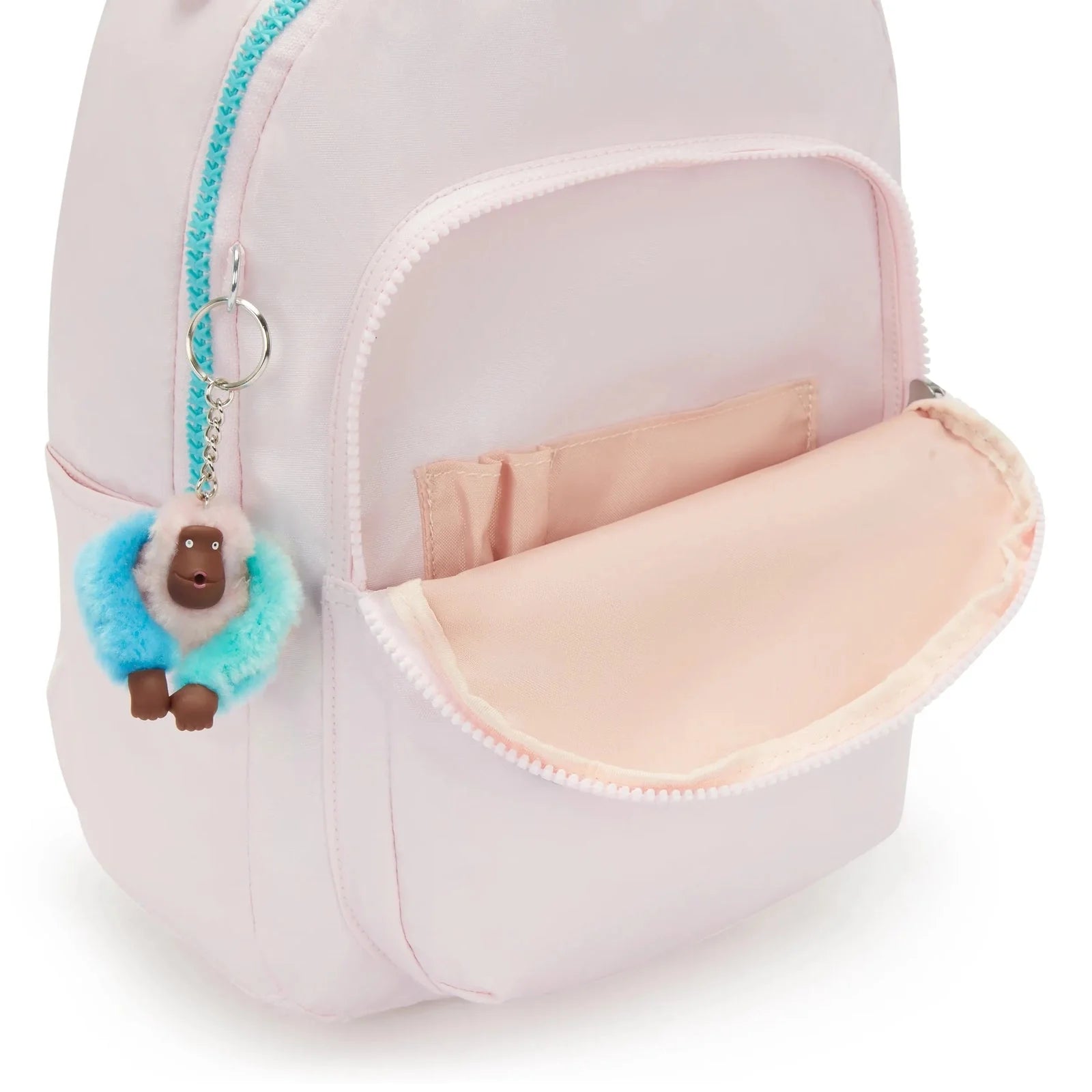 Kipling Seoul mini backpack open top with pale lining, turquoise zipper, plush charm