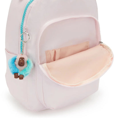 Kipling Seoul mini backpack open top with pale lining, turquoise zipper, plush charm