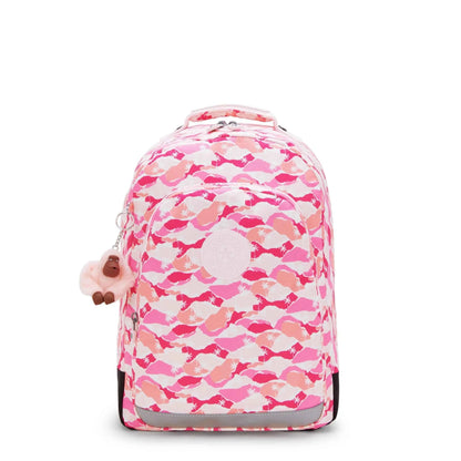 Pink children’s backpack with textured fabric, front zipper, and side hanging charm
