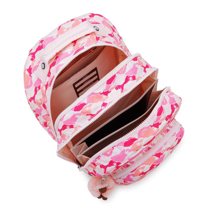 Kipling Pink Palm backpack open with inner pockets and zipper closure
