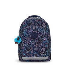 Navy kids backpack with colorful sea-life line pattern, front zipper pocket