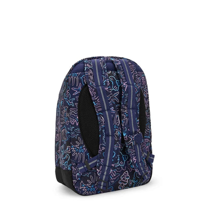 Navy children’s backpack side view with ocean animal print and padded front panel