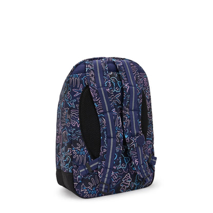 Navy kids backpack side view with black mesh pocket and adjustable straps