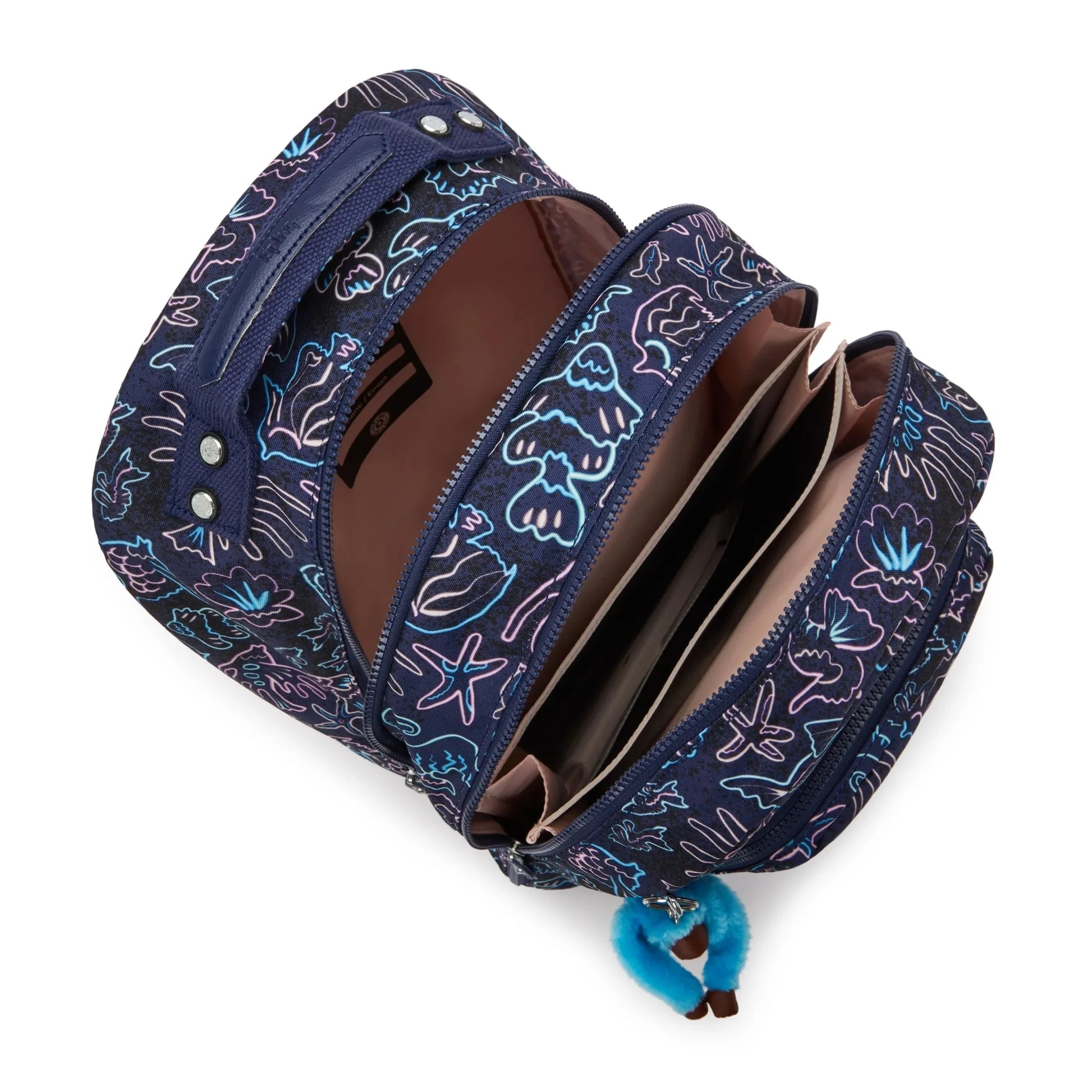Navy kids backpack with patterned lining, open top, and blue fish keychain