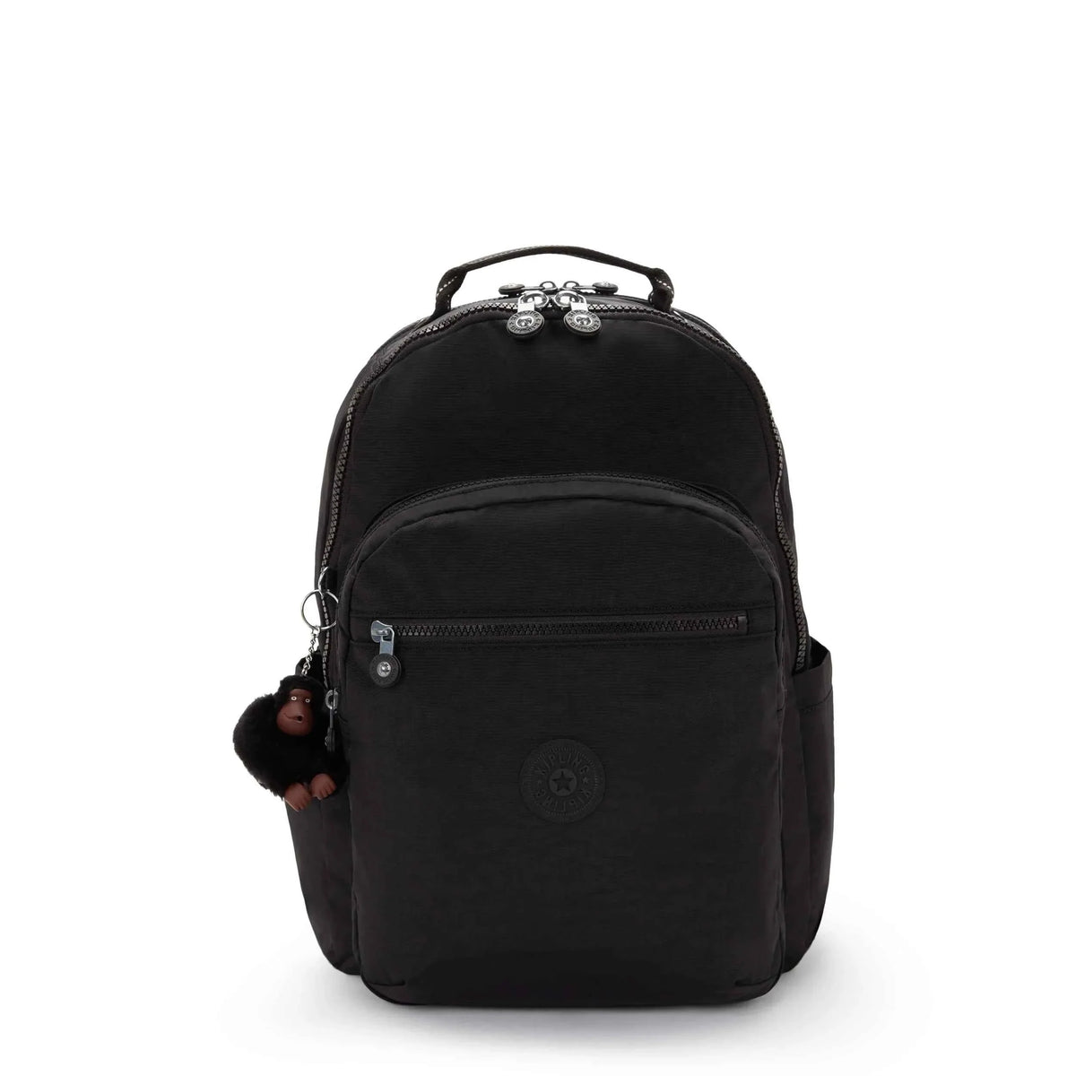 Black mini backpack with top handle, front zip pocket, and small logo patch