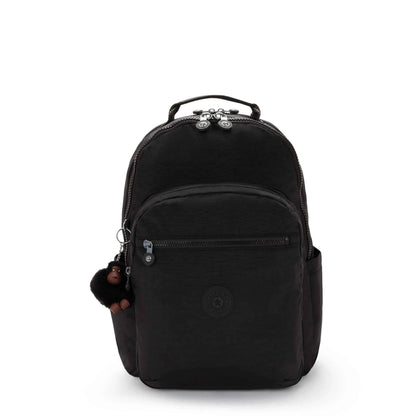 Black mini backpack with top handle, front zip pocket, and small logo patch
