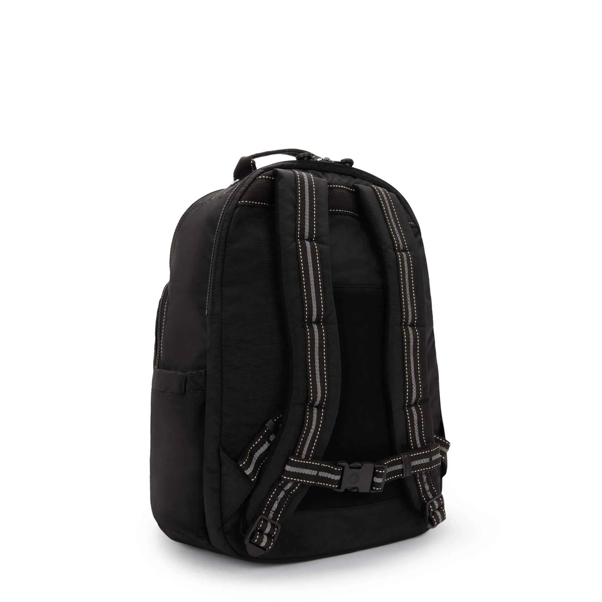 Black mini backpack with padded straps, top handle, and zippered side pocket