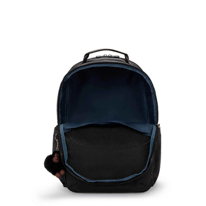Black mini backpack open at top, showing dark lined interior and zipper trim