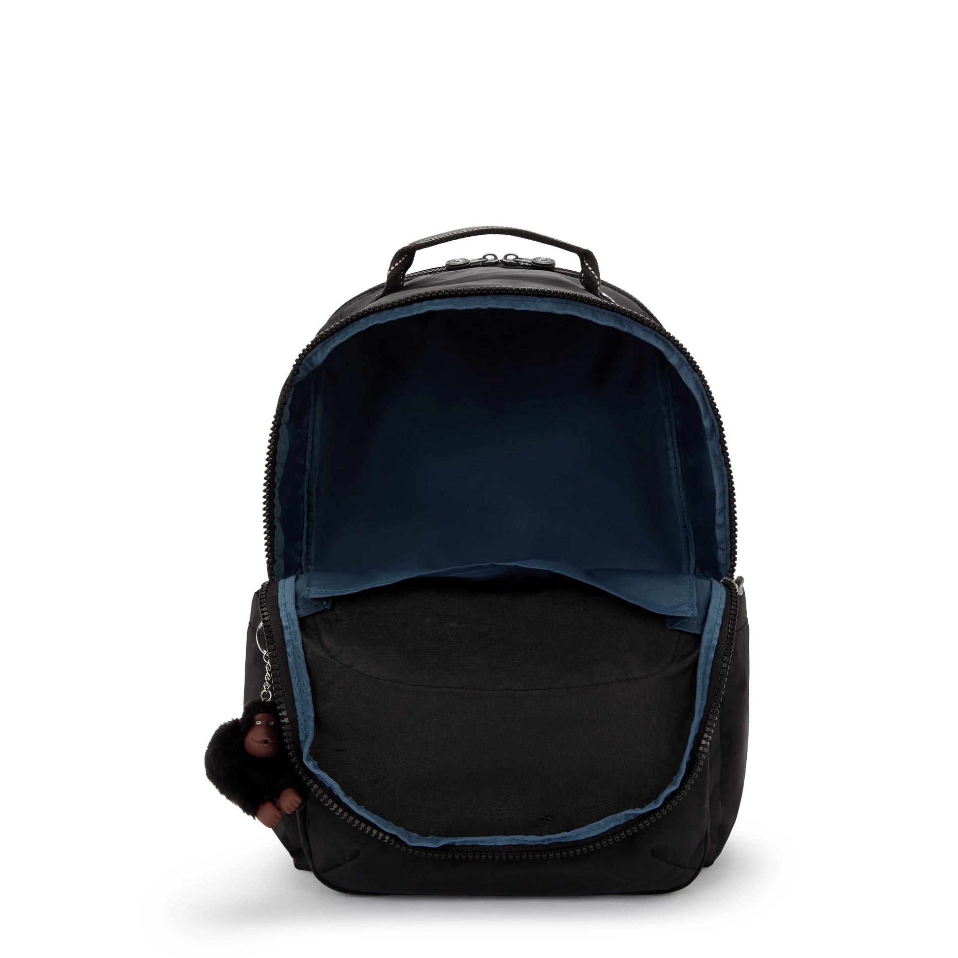 Kipling Seoul College Extra true black backpack with open top and blue-lined interior