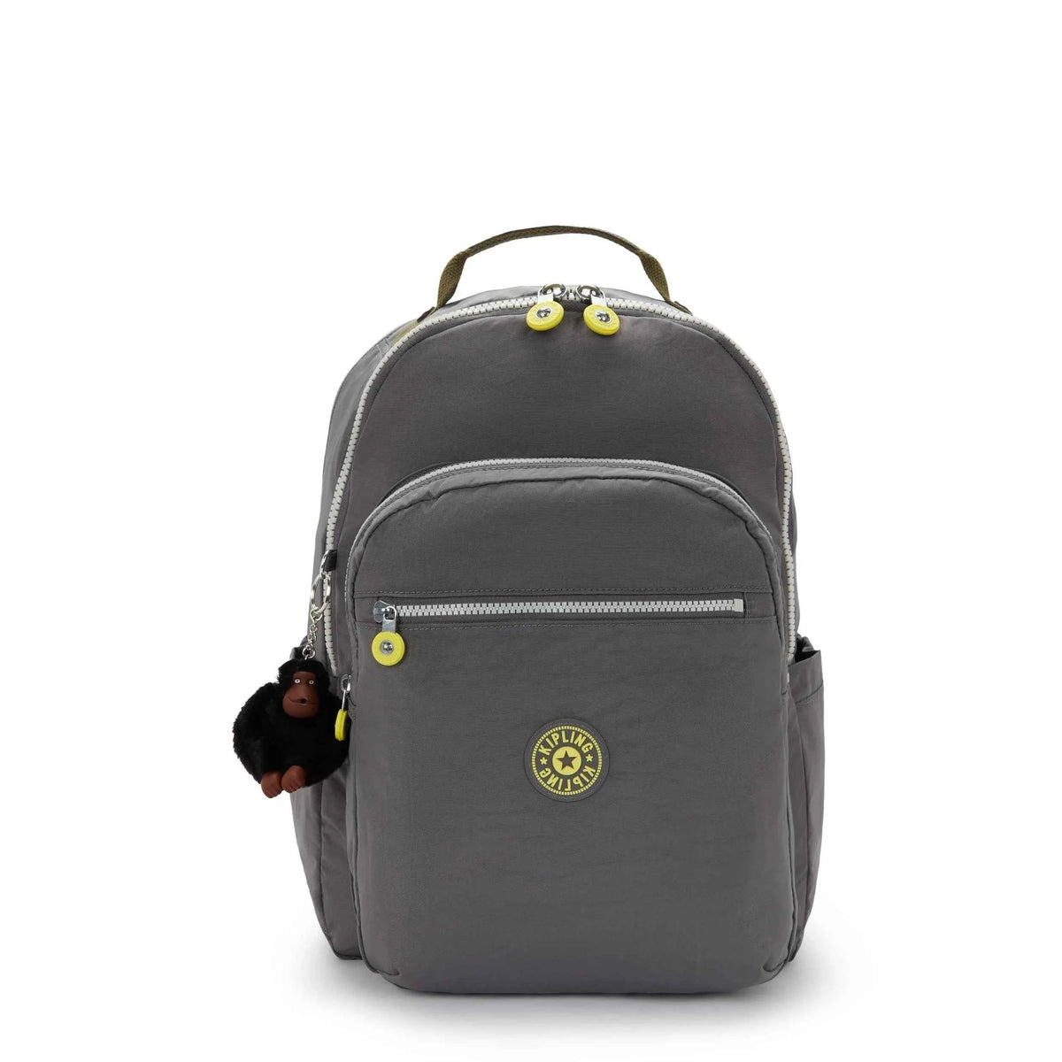 Dark gray mini backpack with top handle, front zip pocket, and circular logo patch