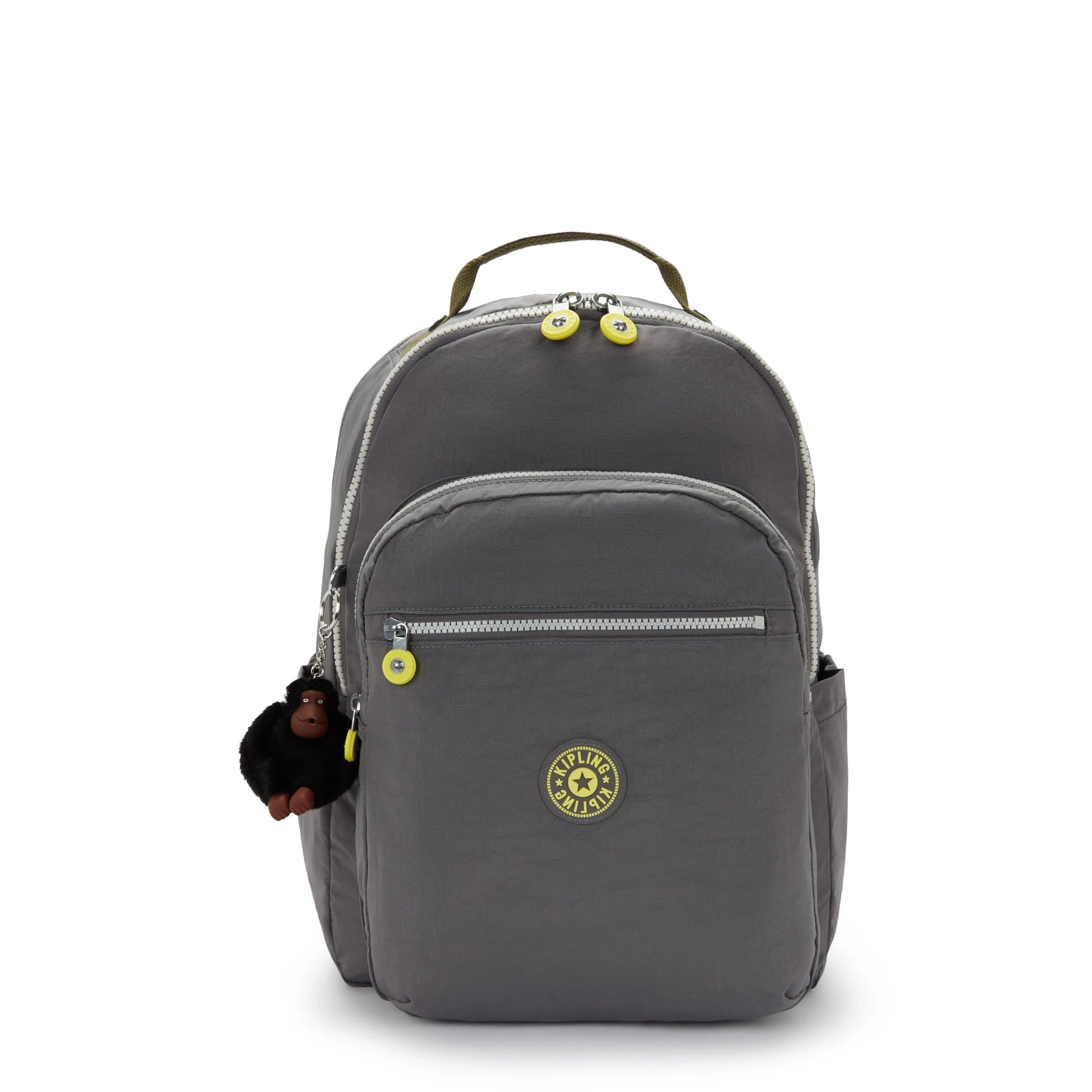 Grey Kipling backpack with front zip pocket, logo patch, and top handle