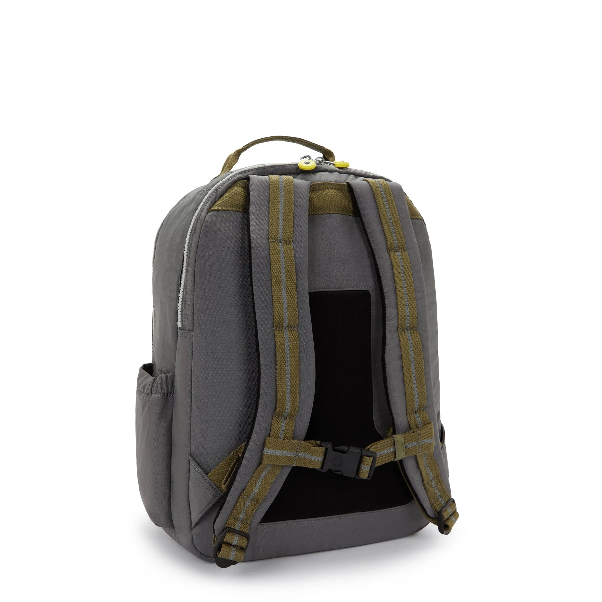 Grey Kipling backpack open view with padded straps and interior compartments