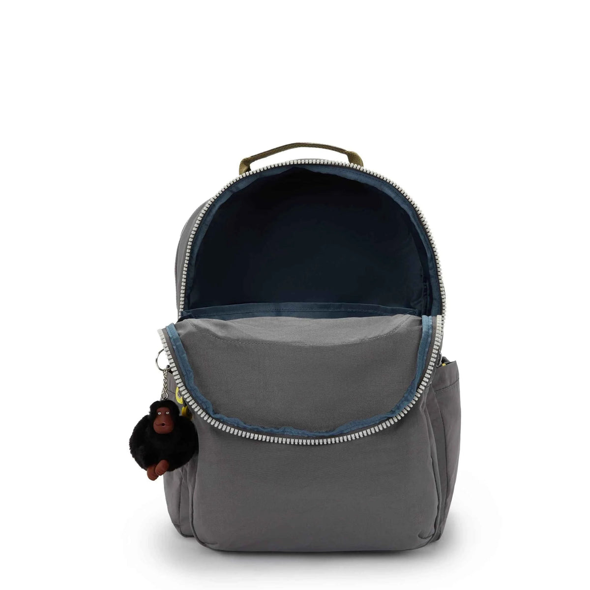 Dark gray mini backpack open at the top, showing lined interior and front zipper