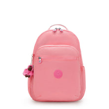 Kipling Seoul College Extra mini backpack, coral pink with front zip pocket and logo patch