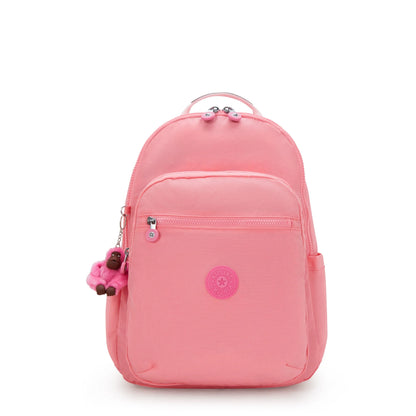 Kipling Seoul College Extra mini backpack, coral pink with front zip pocket and logo patch